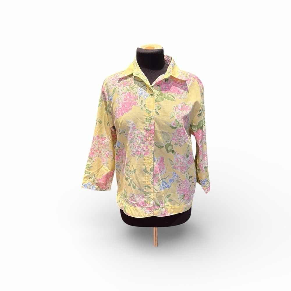 Vintage Floral Yellow Button Front Blouse Cottagecore Spring Top M